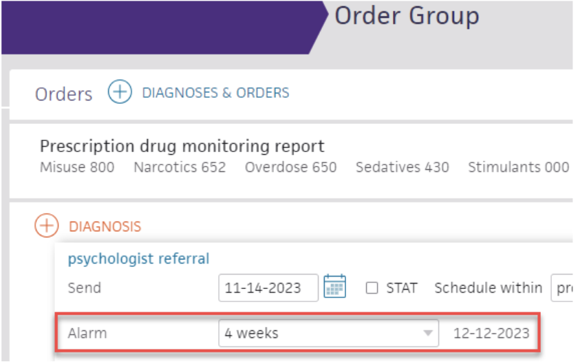 Example of an order set alarm in athenaOne.