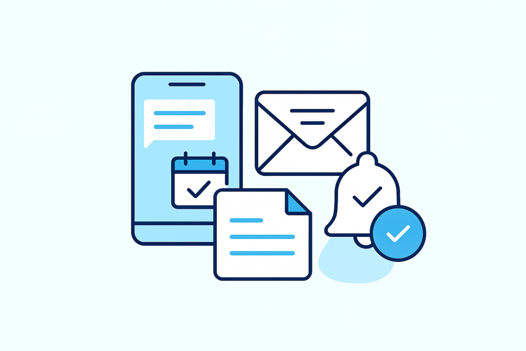 Phone with a calendar icon and an email icon with an alert.