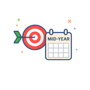 A picture of a dart and bullseye with a calendar next to it.