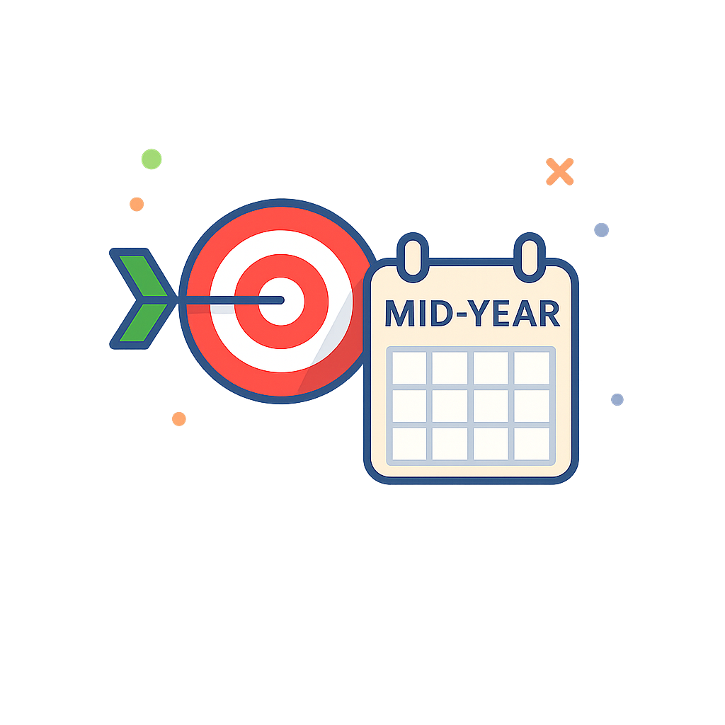 A picture of a dart and bullseye with a calendar next to it.